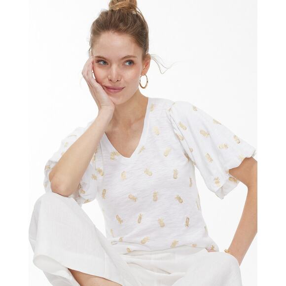 Chico's Tops - Chico's Top Womens Size 2 US Large White Metallic Foil Pineapple Flutter Sleeves